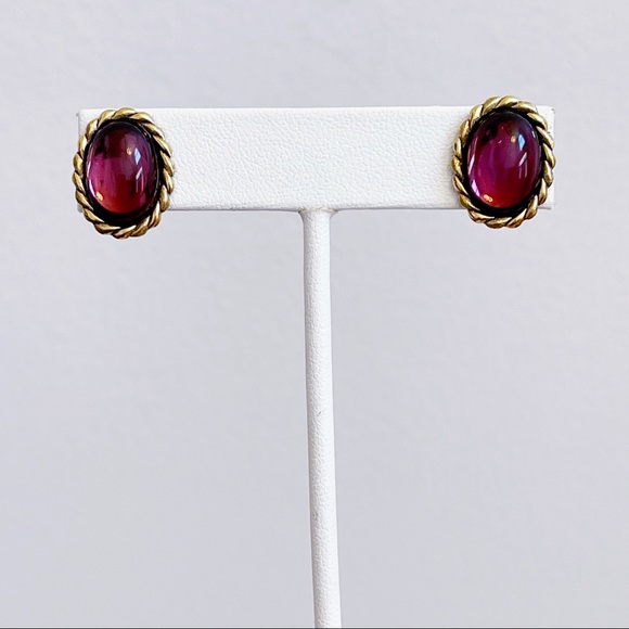 Gold Tone Twist Oval Faux Purple Cabochon Earrings - Picture 4 of 7